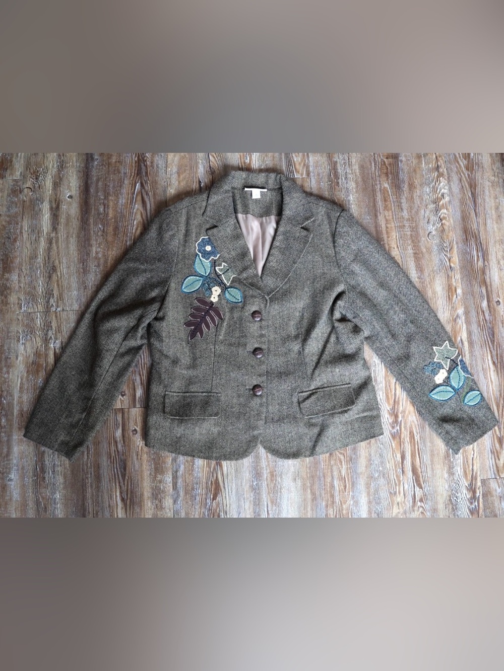Herringbone Floral Applique Wool Blend Blazer Jacket Office Business Women’s 16